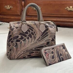 Vintage 60s Leather Top Handle Tapestry Abstract Brown Mini Duffle Purse